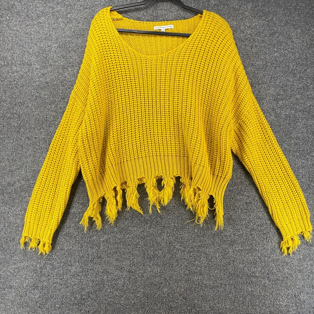 Young Fabulous & Broke Sweater Womens L Mustard Pullover Chewed Hem Crop Boho